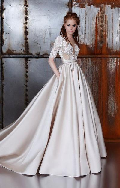 Vestidos de novia de satén con apliques, corte A, mangas a media pierna y escote redondo